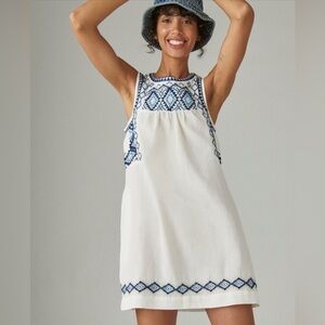 NWT Lucky Brand White Blue 100% Embroidered Sleeveless V-Neck Dress Size…